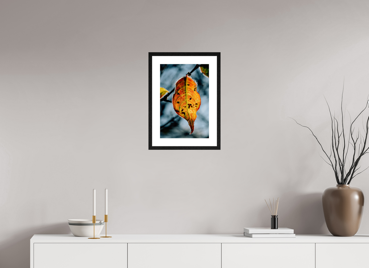 30 x 45 cm, Tirage photo métallisé sur papier Fuji Crystal Pearl avec cadre Hambourg 20mm, chêne noir Feuille orange d'hiver