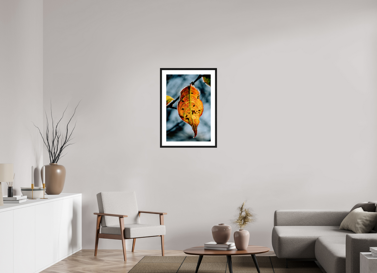 50 x 75 cm, Tirage photo métallisé sur papier Fuji Crystal Pearl avec cadre Hambourg 20mm, chêne noir Feuille orange d'hiver
