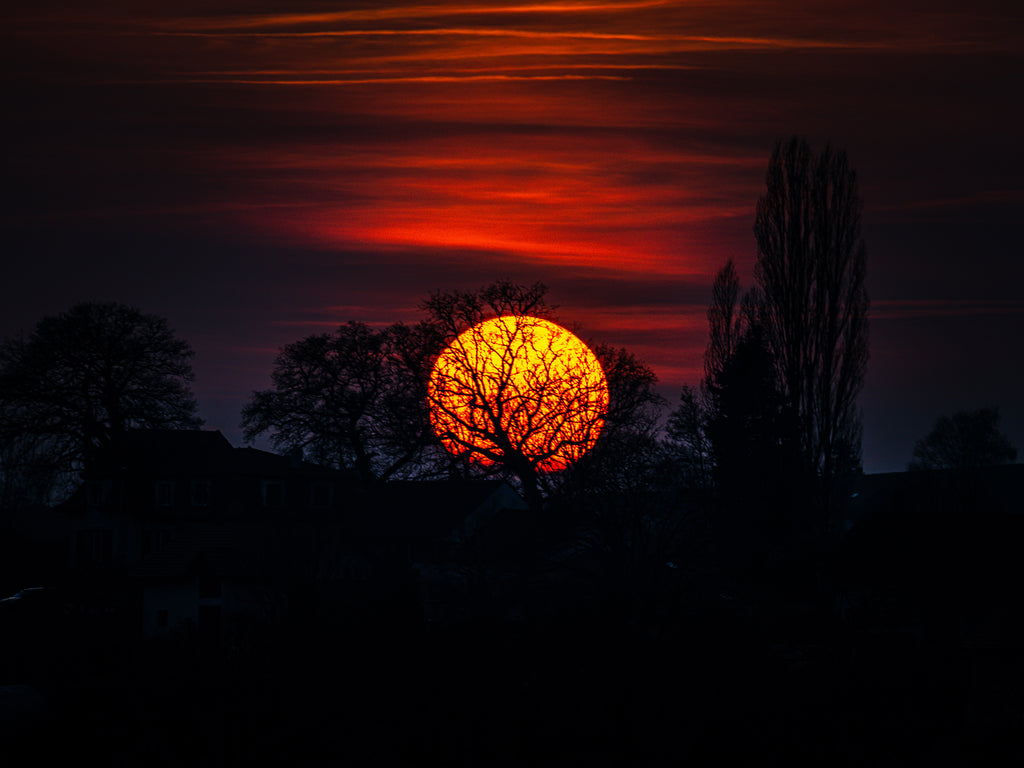 Coucher de soleil doré sous un ciel strié de rouge et de cuivre, sur un paysage plongé dans l’ombre. « Au seuil de la nuit », photographie Fine Art de SchaPicShow.